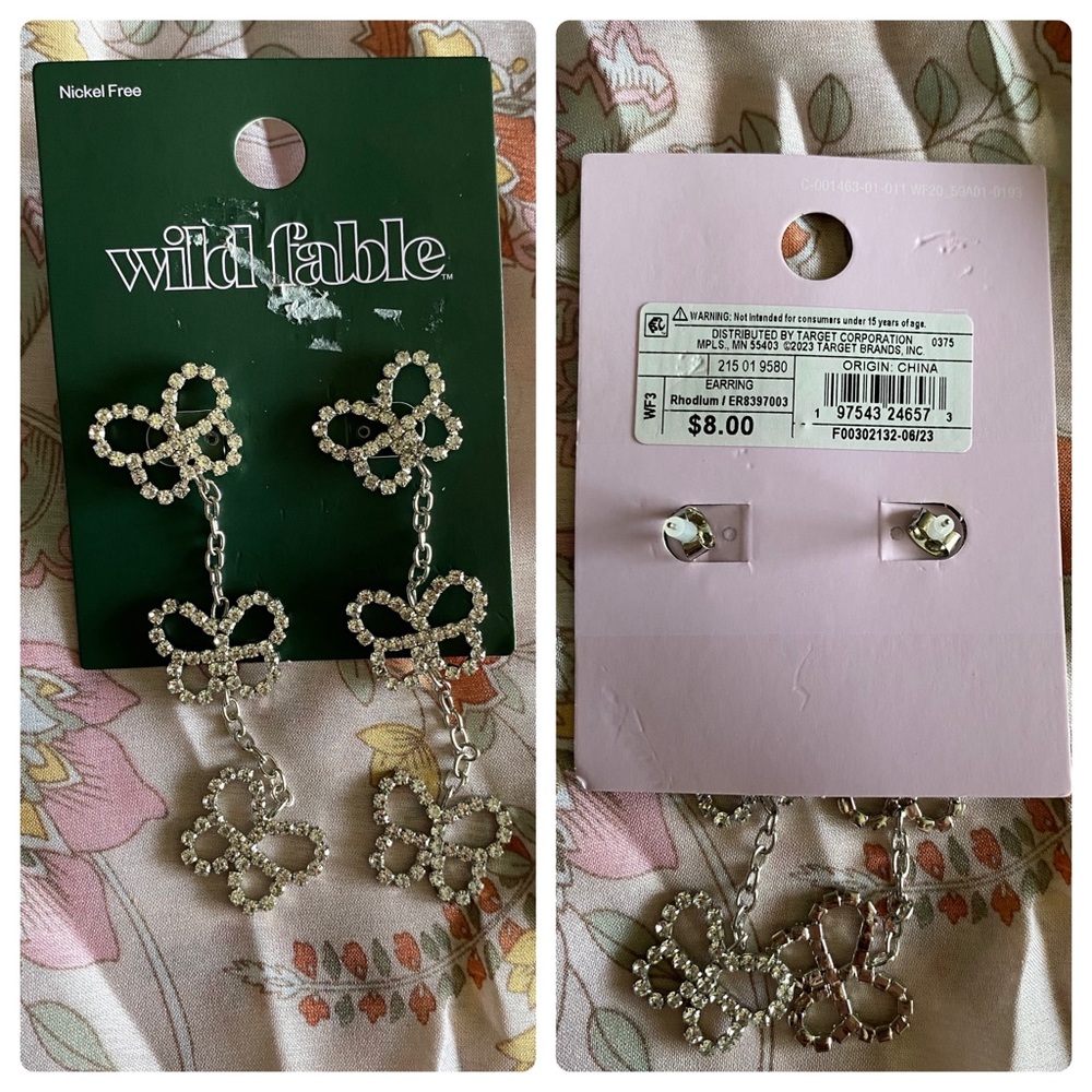 WILD FABLE, BUTTERFLY DROP EARRINGS, BLING, NICKLE FREE